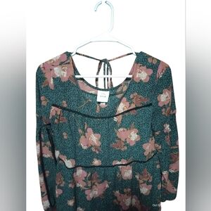 Knox Rose Green & Pink Floral Blouse Small Boho Peasant Top for Women